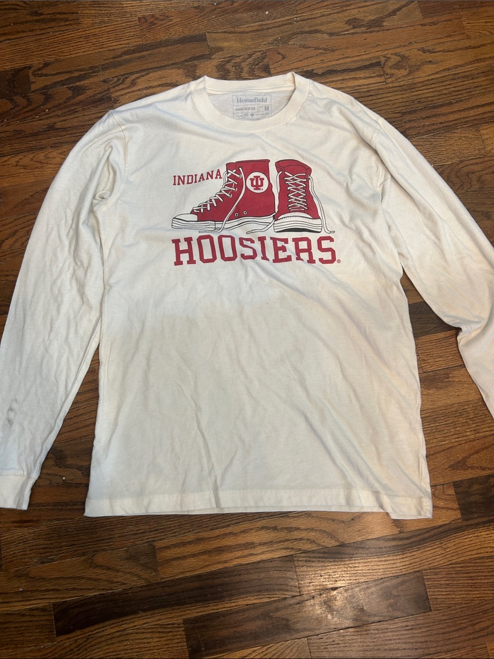 Indiana Hoosiers White Long-Sleeve Graphic Tee with Red Sneaker Motif
